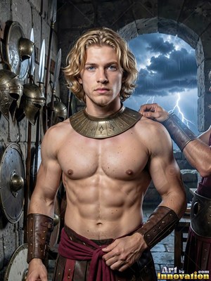 In an armory, a shirtless blond man wears a bronze gorget before a stormy sky