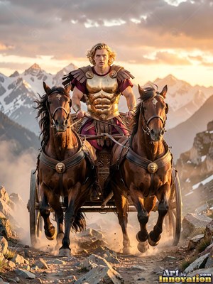 Driving a two-horse chariot, a blond bronze-armored man crosses a mountain path