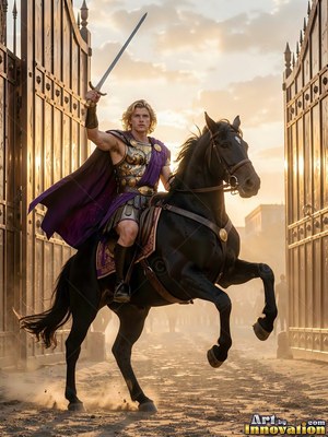 A fair-haired man dressed in bronze armor raises a sword while riding a black horse