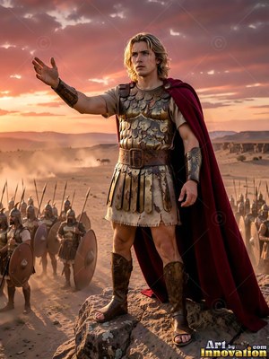 In a bronze cuirass and crimson cloak, a young man raises his hand before an army at sunset