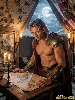 A shirtless fair-haired man leans over a map table in a tent lit by warm candlelight