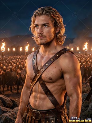 Standing shirtless before his army, a young adult man wears leather straps at night