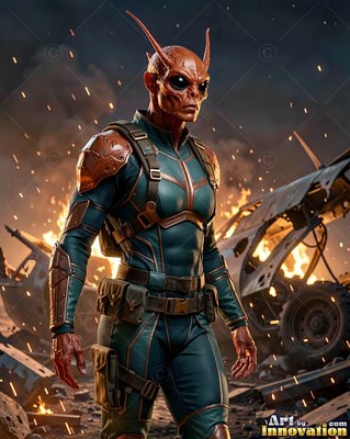 On a fiery battlefield, a horned alien man walks forward in a teal suit