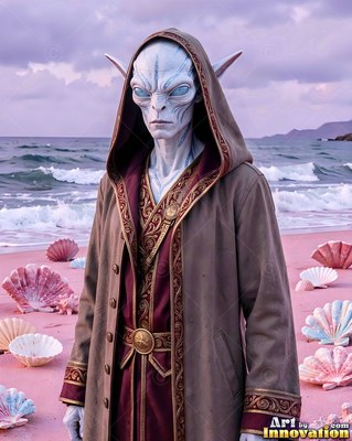 Standing on a pink seashell beach, a pale blue-skinned alien man wears a hooded robe