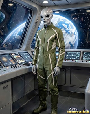 Gray alien man in a green flight suit standing inside a spaceship bridge