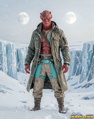 Red scaly skin marks a horned alien man in a long coat standing on a snowy planet with two moons