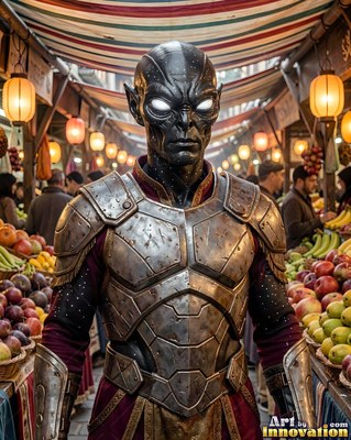 A dark alien man in steel armor stands in a market under warm yellow lanterns