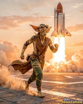 Running toward the viewer on a launchpad, an alien man flees a rising rocket