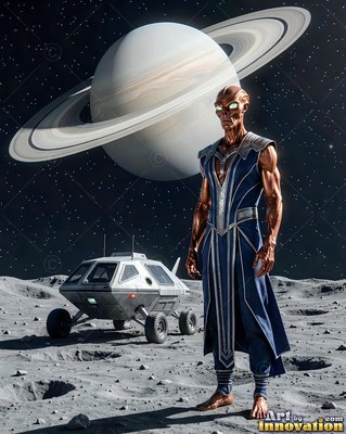 A brown alien man in a blue robe stands on a moon with a ringed planet behind him