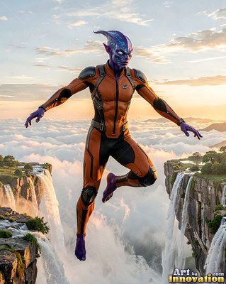 Above cloudy waterfalls, a purple alien man in an orange suit jumps through the air