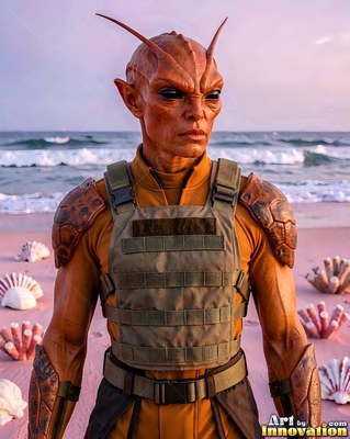 Standing on a beach, a brown alien man with antennae wears a green vest