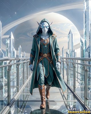 A hooded blue-skinned alien man walks a glass bridge past crystal towers