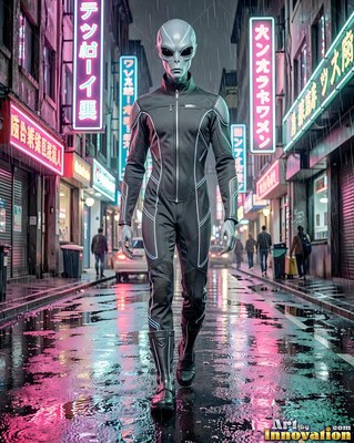 A gray alien man in a black jumpsuit walks down a rainy city street lined with neon signs
