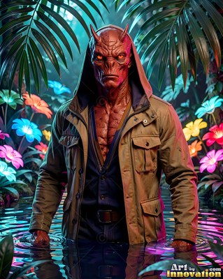 A horned red alien man is standing in water, wearing a jacket lit by colorful neon flowers