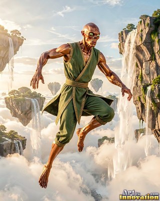 An alien man in green robes jumps through the air near floating cliffs