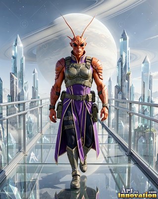 On a glass walkway by crystal spires, an orange alien man with antennae walks forward