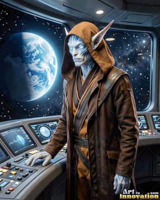 Standing at a spaceship console, a hooded blue extraterrestrial man looks out at a planet