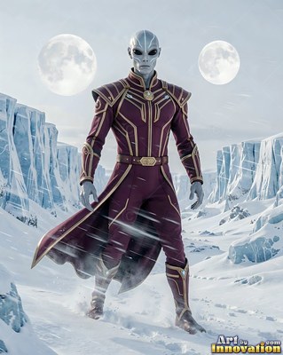 A gray alien man in a maroon coat walks across ice
