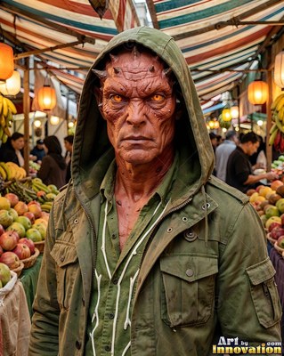 A green hooded jacket covers a horned red alien man standing in a fruit market