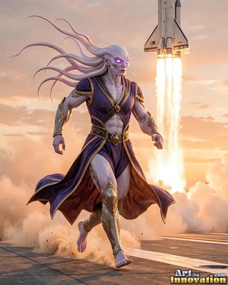 A pale alien man runs across a platform while a rocket launches in bright golden light