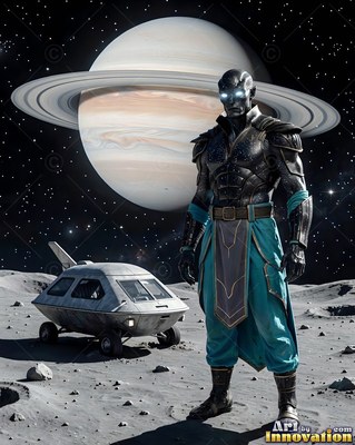 Standing on a gray moon, an alien man in teal pants faces forward near Saturn