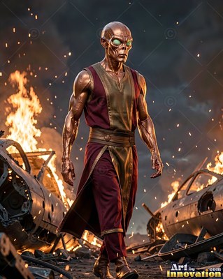 A bronze alien man in a maroon tunic walks past burning wreckage