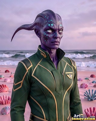 On a pink shell beach, a purple horned extraterrestrial man stands in a green uniform