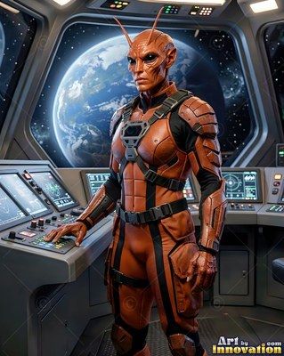 Standing at a spaceship console, an orange alien man watches Earth from orbit