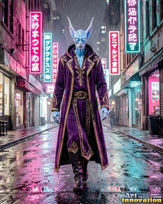 An alien man with blue skin in a purple robe walks down a wet neon alley