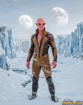A pink-skinned alien man in a brown suit stands in snow between ice cliffs under two moons