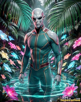 A gray alien man stands in shallow water among bright pink flowers and palms