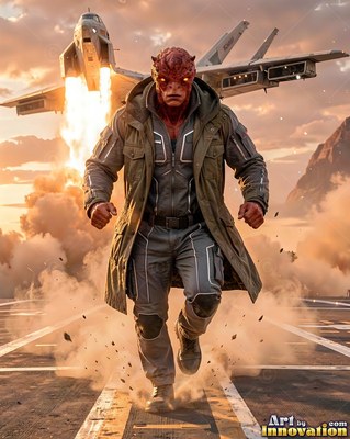 Running forward on a flight deck, a red alien man in a green coat