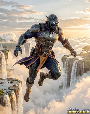 An alien man in dark armor leaps through the clouds above waterfalls