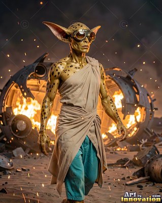 In front of fiery wreckage, a spotted alien man walks in goggles and robes