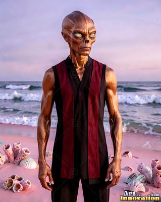 Standing on a pink beach, a bronze alien man wears a sleeveless black tunic