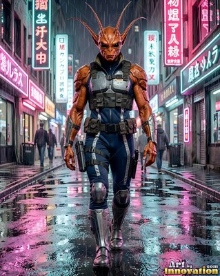 Orange alien man with antennae walks down a rainy city street