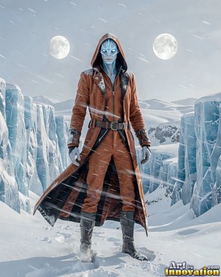 A hooded brown coat warms a blue alien man standing in snowy ice canyons beneath two moons