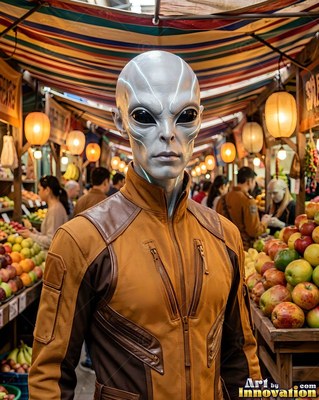 A silver extraterrestrial man stands in a market under warm hanging lanterns
