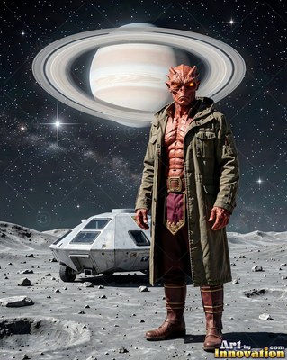 Standing on a rocky moon, a red-skinned alien man wears a green coat under Saturn