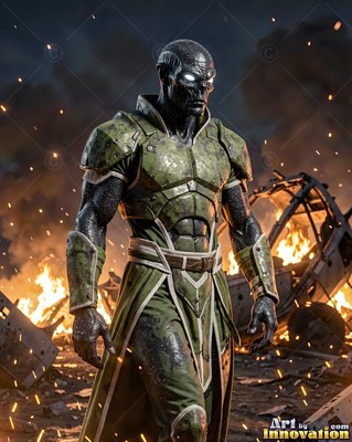 A dark-skinned alien man in green armor stands before a burning wreck