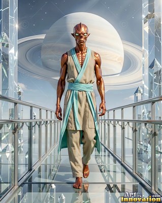 On a crystal bridge, a bronze-skinned alien man walks barefoot under a ringed planet