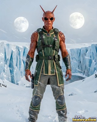 Standing on snow, a horned alien man in green armor poses under two white moons