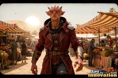 Red alien man in a coat walks through a desert market