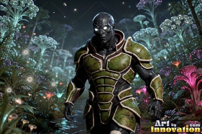 Green armor covers a gray alien man walking at night through a field of strange plants