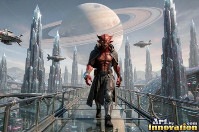 A horned red-skinned man walks along a glass walkway under a pale ringed planet
