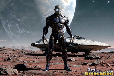 Standing full-length on a red planet, an alien man poses before a spaceship