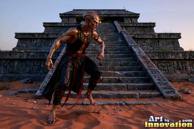 A golden alien man in black wraps walks down a stone temple into red sand