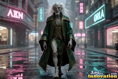 On a wet neon street, a pale alien man walks forward in a green robe