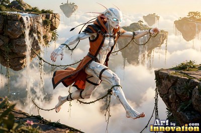 Leaping between floating islands, a pale alien man runs in an orange tunic