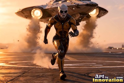 Alien man in yellow armor runs from a spaceship landing on a deck